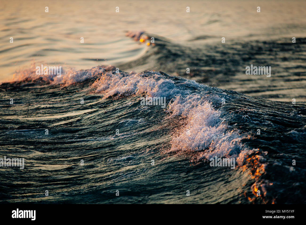 Tramonto mette in evidenza una scia di barche onde con colori dorati sul lago Superiore e il Apostle Islands National Lakeshore, Bayfield, Wisconsin, STATI UNITI D'AMERICA Foto Stock