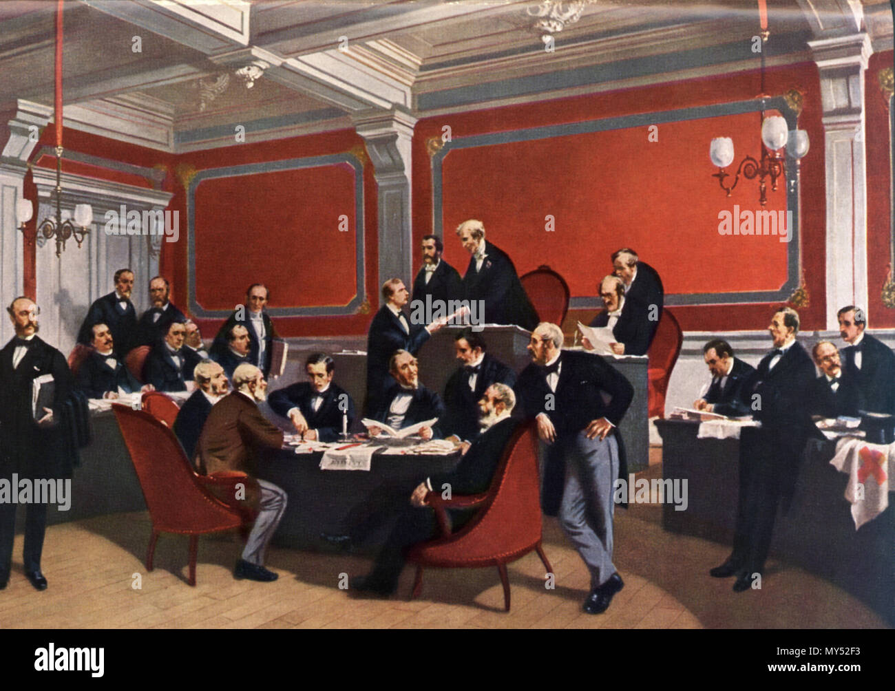 . Deutsch: Am 22. Agosto 1864 wird im Stadthaus von Genf die erste Genfer Konvention unterzeichnet, Gemälde von Charles Édouard Armand-Dumaresq. 21 giugno 2009, 20:07:39. Gemälde von Edouard Armond-Dumaresq (1826-1895) im Rathaus von Genf. 541 Unterzeichnung 1. Genferkonvention Foto Stock