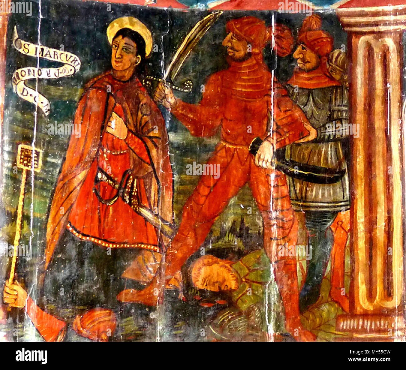 . Inglese: pittura su legno con la morte di San Mercuriale, in chiesa Saint-Mércurial, Vièla de Loron, Midi-Pirenei, Francia. Il XVI secolo. Anonimo, francese 3 13-Vielle-St-mercurial-et-les-Maures Foto Stock . Inglese: pittura su legno con la morte di San Mercuriale, in chiesa Saint-Mércurial, Vièla de Loron, Midi-Pirenei, Francia. Il XVI secolo. Anonimo, francese 3 13-Vielle-St-mercurial-et-les-Maures Foto Stock
