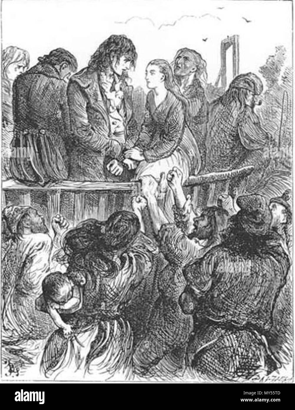 . Inglese: un racconto di due città, il terzo Tumbril, Sydney in cartone e gli innocenti sarta che vengono adottate per la ghigliottina, di Fred Barnard. 1870. Fred Barnard (1846-1896) nomi alternativi Frederick Barnard Descrizione illustrator, caricaturista e pittore di genere Data di nascita e morte 16 Maggio 1846 28 Settembre 1896 Luogo di nascita e morte London Wimbledon competente controllo : Q5494534 VIAF: 34344309 ISNI: 0000 0001 0886 0898 ULAN: 500024089 LCCN: nr95006563 NLA: 35252593 WorldCat 511 T2C, Fred Barnard, (III, 15) Il terzo Tumbril, scatola di cartone con un altro irreprensibile vittima Foto Stock