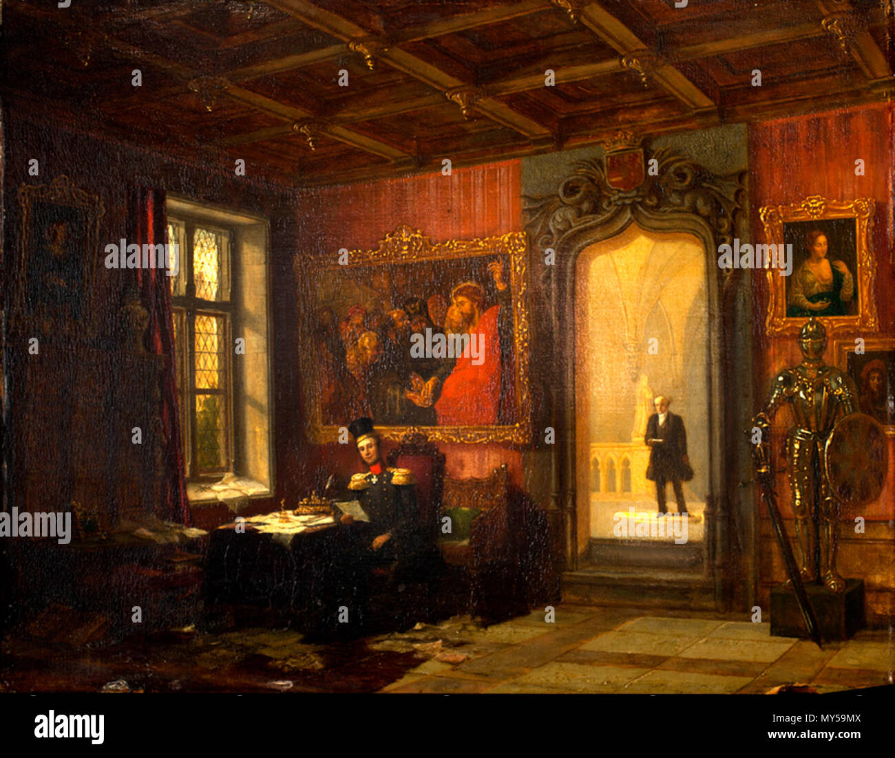 . Nederlands: Koning Willem II in zijn werkkamer. Op dit schilderij uit 1847 van agosto kijkt Wijnantz Vittorio Amadeo Trossarello, beheerder van de koninklijke kunstverzameling, ons vanuit de deuropening aan. Op de voorgrond zit de Koning in zijn werkkamer in Paleis Kneuterdijk te lezen onder Rubens 'De penning van de keizer'. Aan de rechter bovenkant van de toegang hangt 'La Colombina' van Francesco Melzi. 1847. Augusto Wijantz 300 Koning Willem II in zijn werkkamer Foto Stock