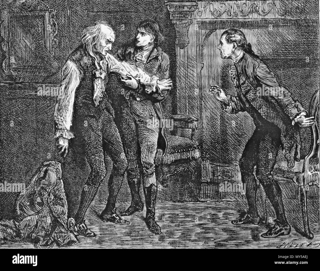 . Inglese: un racconto di due città, Dr Manette restituisce, fuori dei suoi sensi, dopo aver lasciato la propria casa in udienza la condanna di Charles Darnay a Parigi, da Fred Barnard. 1870. Fred Barnard (1846-1896) nomi alternativi Frederick Barnard Descrizione illustrator, caricaturista e pittore di genere Data di nascita e morte 16 Maggio 1846 28 Settembre 1896 Luogo di nascita e morte London Wimbledon competente controllo : Q5494534 VIAF: 34344309 ISNI: 0000 0001 0886 0898 ULAN: 500024089 LCCN: nr95006563 NLA: 35252593 WorldCat 511 T2C, Fred Barnard, Dr manette, fuori dei suoi sensi, dopo la mezzanotte Foto Stock