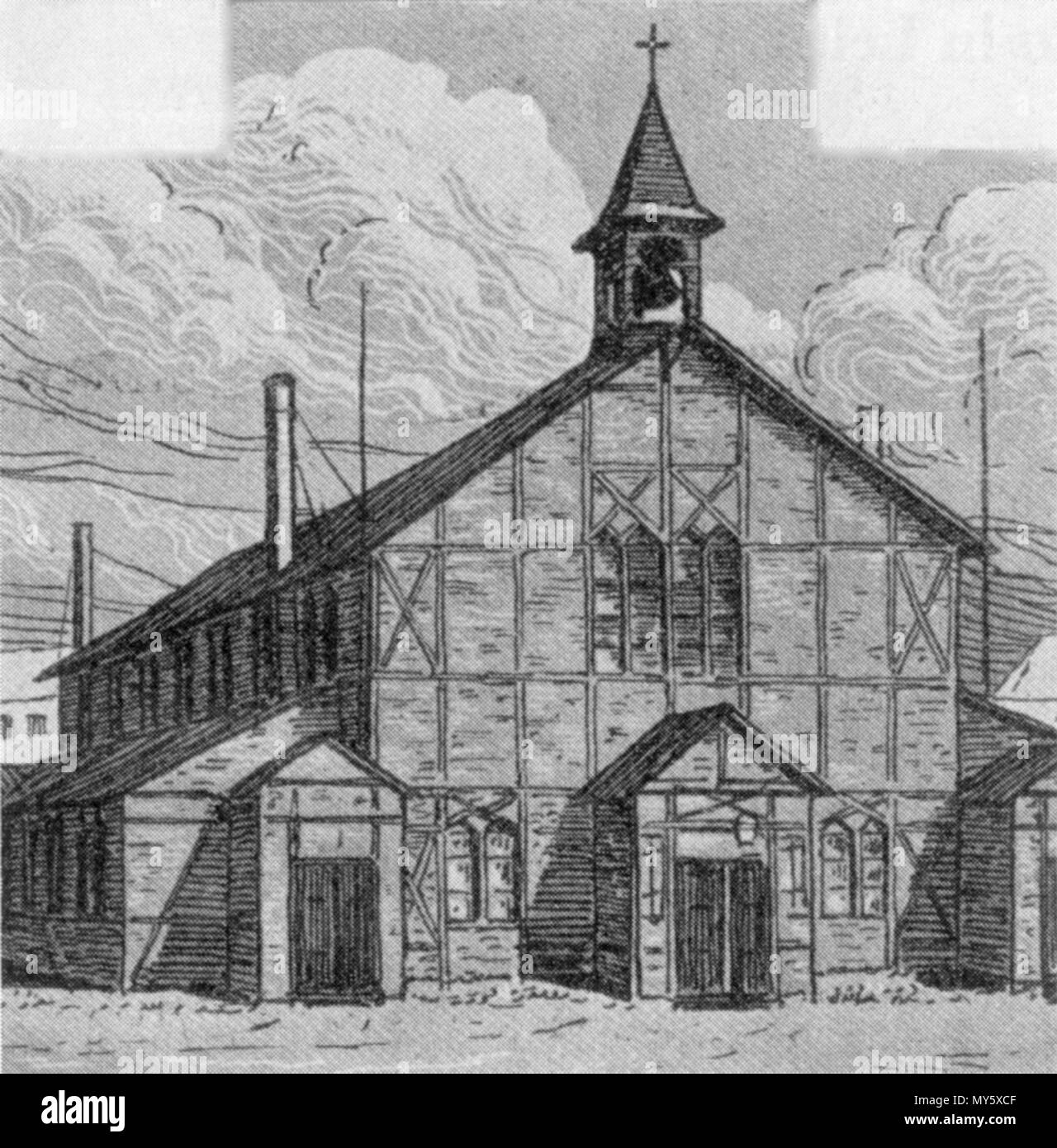 . Inglese: Interim chiesa della parrocchia di S. Michele di Leipzig-Gohlis, angolo Eutritzscher Roscherstraße, costruito nel 1894, discontinued 1904 Deutsch: Interimskirche der Michaelisgemeinde in Leipzig-Gohlis, Eutritzscher/Ecke Roscherstraße, erbaut 1894, abgebrochen 1904 . circa 1900. Sconosciuto 258 Interimskirche Leipzig-Gohlis Foto Stock