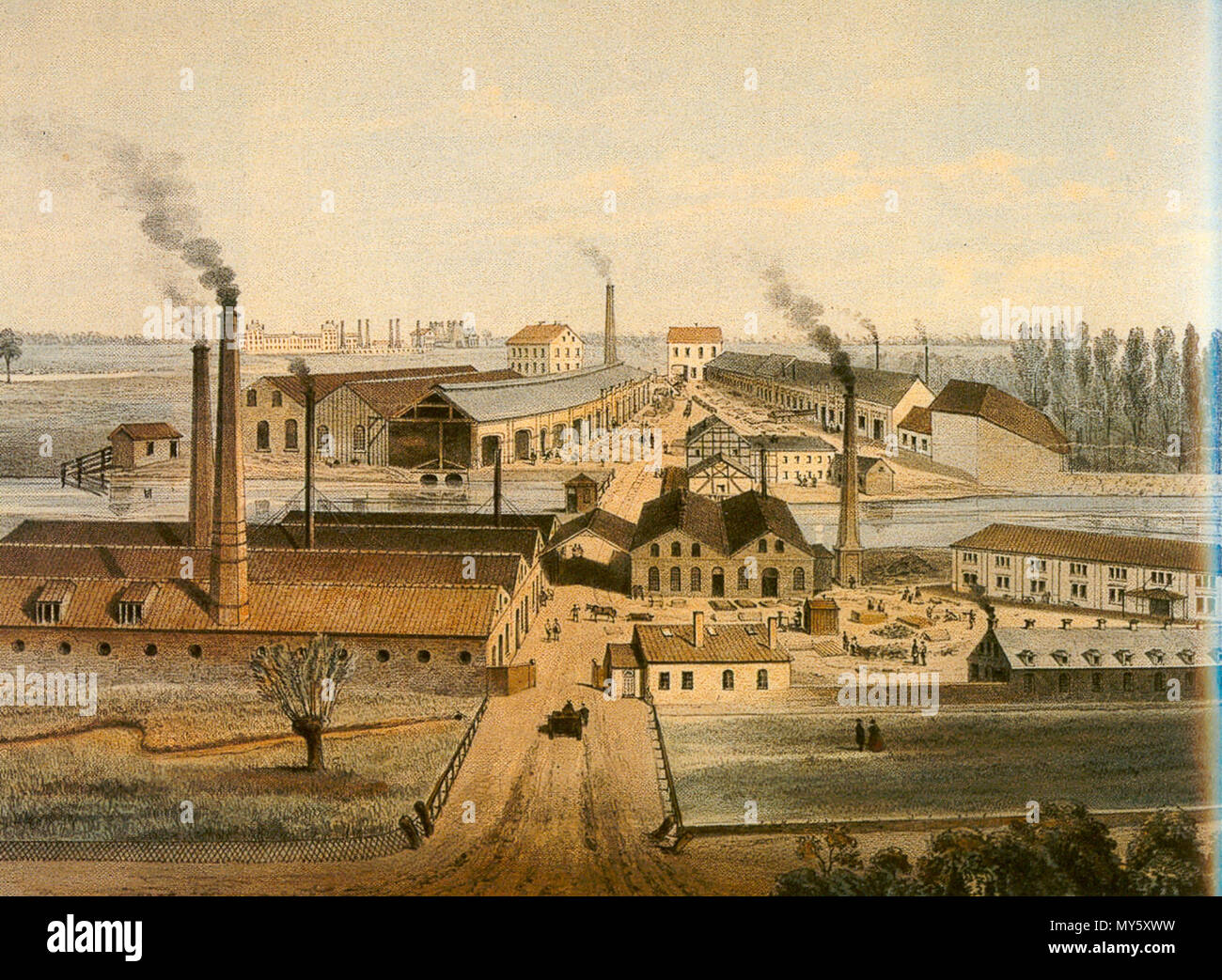 . Siedlung Eisenheim Puddlingwerk, Hochöfen und Steinkohlengrube Oberhausen von Herren Jacobi, Haniel & Huyssen zu Gutehoffnungshütte bei Ruhrort Im Vordergrund die "Alte Walz' . nel 1860 circa. Canelle (Zeichnung und Graphik); Simonau & Toovey, Brüssel (Druck) 441 Pudlingswerk und Alte Walz Foto Stock