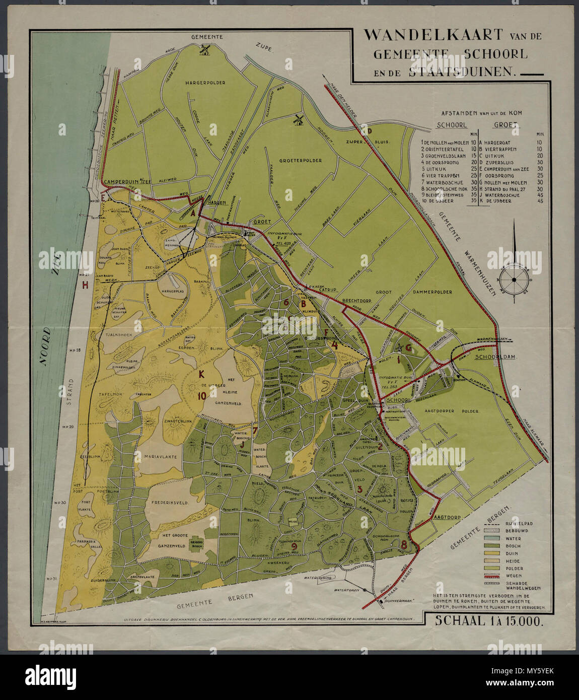 Schoorl en de Staatsduinen 1930. "Wandelkaart van de gemeente Schoorl en de Staatsduinen". Vervaardiger: Kramers, W.S. Catalogusnummer: PR 1005140 Foto Stock