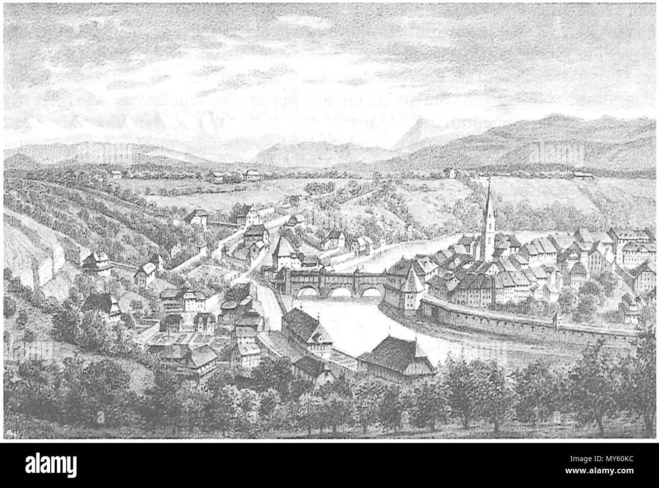 . Deutsch: Stadt Bern. 'Die Gegend vor dem untern Thor und der Stalden (= Alter Aargauerstalden) um 1749 vom Abhang des Altenbergs unterhalb der Oranienburg ausgesehen' Inglese: vecchia immagine della città di Berna. Circa 1749 a circa 1749. 71 sconosciuto Berna um 1749 Foto Stock