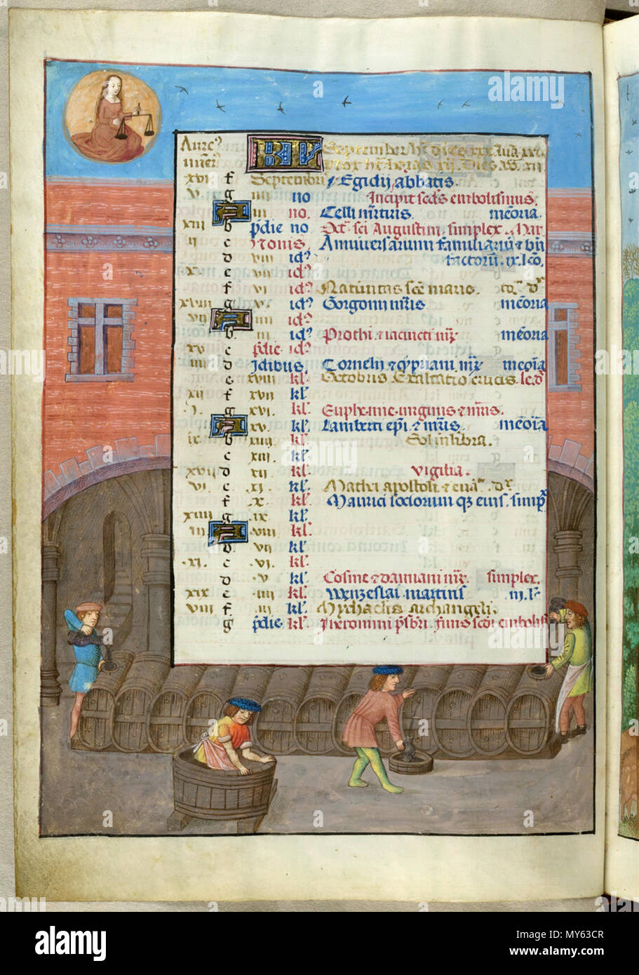 . Inglese: British Library blog vedere mese nel 2011 per i dettagli specifici sull'immagine . Il 18 novembre 2010. artisti di 1480s altre 23 18851, f. 5v pagina del calendario per il mese di settembre Foto Stock