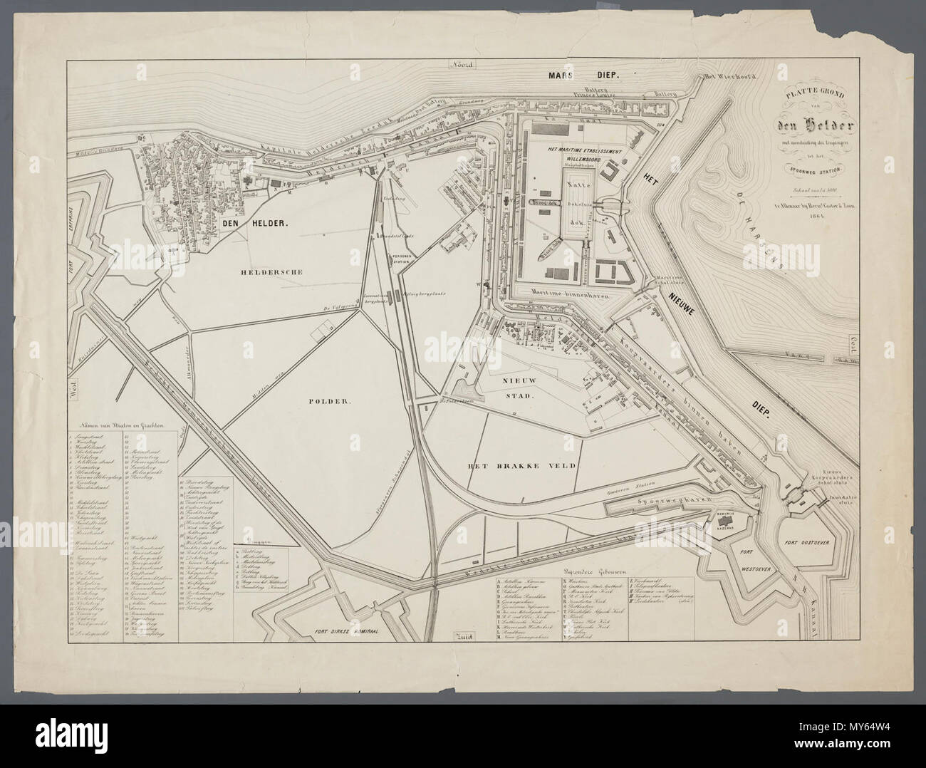 Den Helder 1864. Plattegrond van Den Helder, incontrato aanduiding der toegangen tot het spoorwegstation en incontrato lijsten van Straten, grachten, bruggen en bijzondere gebouwen. Vervaardiger: Onbekend Catalogusnummer: PR 1005123 Foto Stock