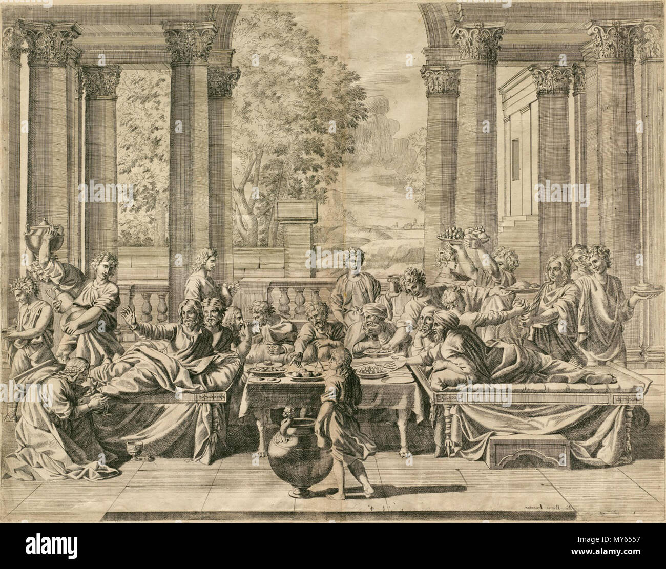 . Inglese: Jean Dughet (Cognato di Nicolas Poussin): il sacramento della penitenza, incisione dopo Poussin della pittura distrutta dalla sua prima serie i sette sacramenti, qui invertiti (secondo l'originale). Il XVII secolo. Jean Dughet dopo Nicolas Poussin, invertita 148 Dughet Sacramento della Penitenza dopo Poussin perso pittura (retromarcia) Foto Stock