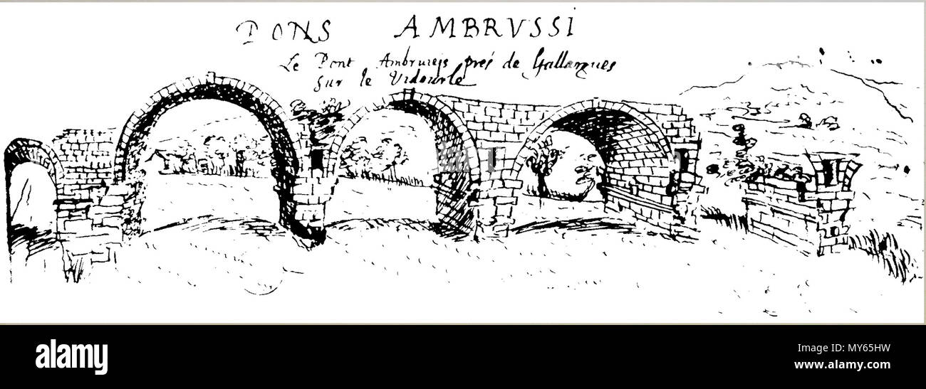 . Pont Ambroix sul Vidourle nel Herault come disegnato da Ann Rulman 1620. Il 26 dicembre 2011. Clem Rutter, Rochester, Kent 430 Pons Ambrussi Foto Stock