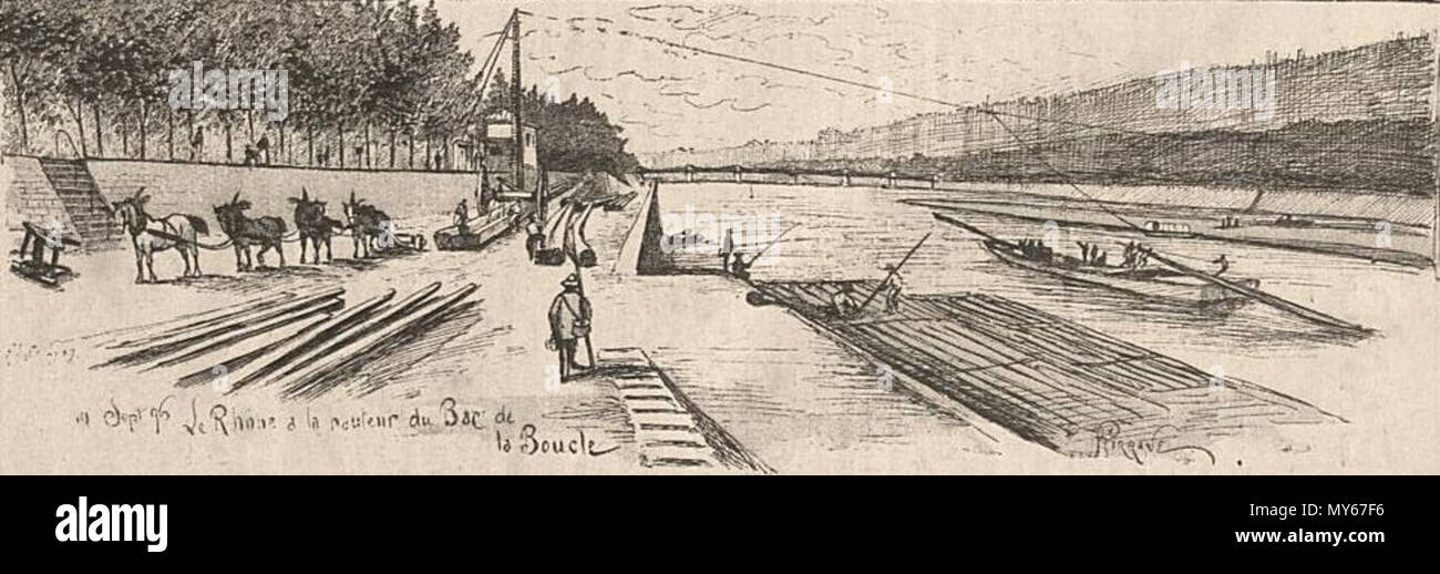 . Français : Gravure de G. Girrane montrant le Rhône à la hauteur du bac de la Boucle (le Progrès Illustré, 29 novembre 1896) . 28 Agosto 2012 16:43:02. Le Progrès Illustré, 1896-1898 58 BacBoucle Foto Stock