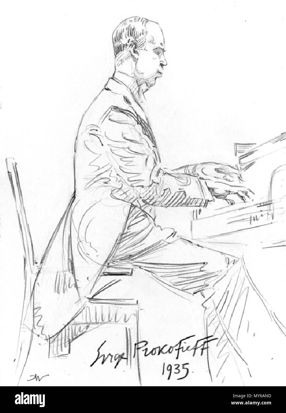. Inglese: Sergei Prokofiev dando la premiere del suo 3 pezzi Op.59 matita su carta, 22 x 17 cm firmato l.l.:HW firmato dagli attori l.c.: Serge Prokofieff / 1935 . 1935. Hilda Béatrice Wiener (1877-1940) 482 Serge Prokofieff da Hilda Wiener Foto Stock