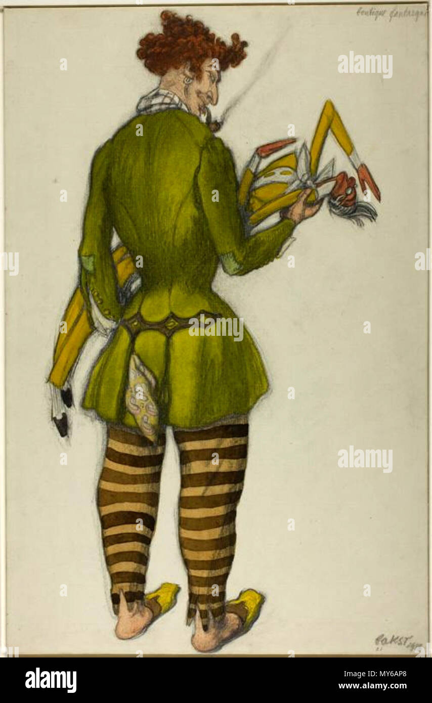. Léon Bakst Russo, 1868-1924 Costume Design per l'uomo in una giacca verde, per il Balletto Boutique Fantasque 1918 acquerello e grafite su avorio carta vergata, stabilite sul cartone grigio 450 x 294 mm Sidney A. Kent fondo, 1920.2529 . 1919. bakst 308 La boutique fantastique di L. Bakst 04 Foto Stock
