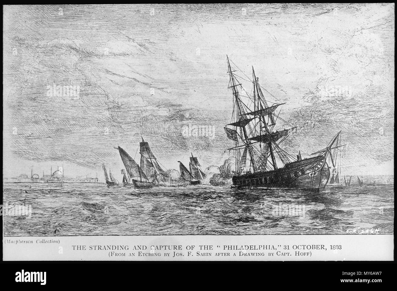 . Inglese: Illustrazione del 'USS Philadelphia', un 38-gun frigate, commissionato nel 1800. La cordatura e catturare il 31 ott. 1803. Il 23 settembre 2011. Sconosciuto, non fornito alla fonte 96 Catturare Philadelphia Foto Stock