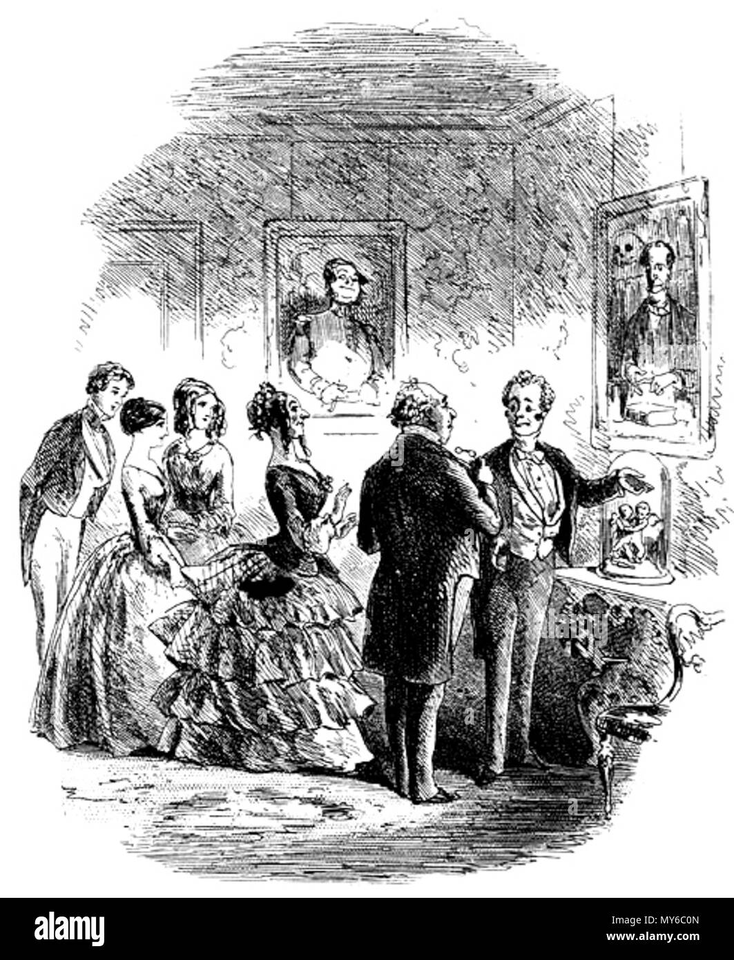 . Inglese: i ritratti di famiglia al sig. Bayham Badger's Phiz (Hablot K. Browne) 1853 Attacco 4 1/8 x 4 1/8 pollici su una pagina di 8 7/16 x 5 pollici rivolta p. 123 di Dickens's Bleak House . 6 febbraio 2012, 15:14:38. Hablot Knight Browne (Phiz) 174 ritratti di famiglia al signor Bayham Badger's Foto Stock