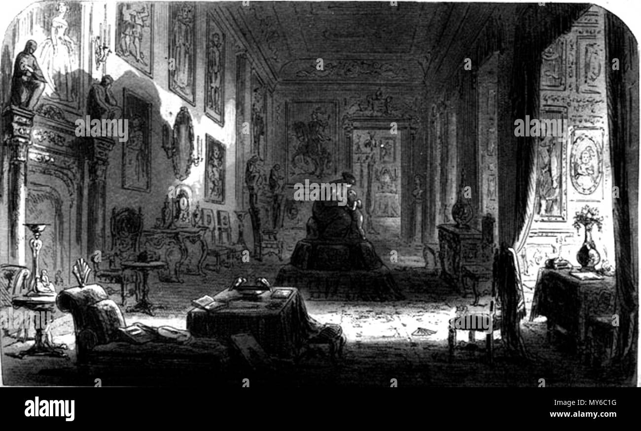 . Inglese: Tramonto nel lungo il disegno-room di Chesney Wold da "Phiz' (Hablot Knight Browne) per Bleak House, p. 397 (c. 40, "Nazionali e nazionali "). 4 x 6 9/16 pollici. 6 febbraio 2012, 15:17:40. Hablot Knight Browne (Phiz) 508 Tramonto nel lungo Drawing-Room a Chesney Wold Foto Stock