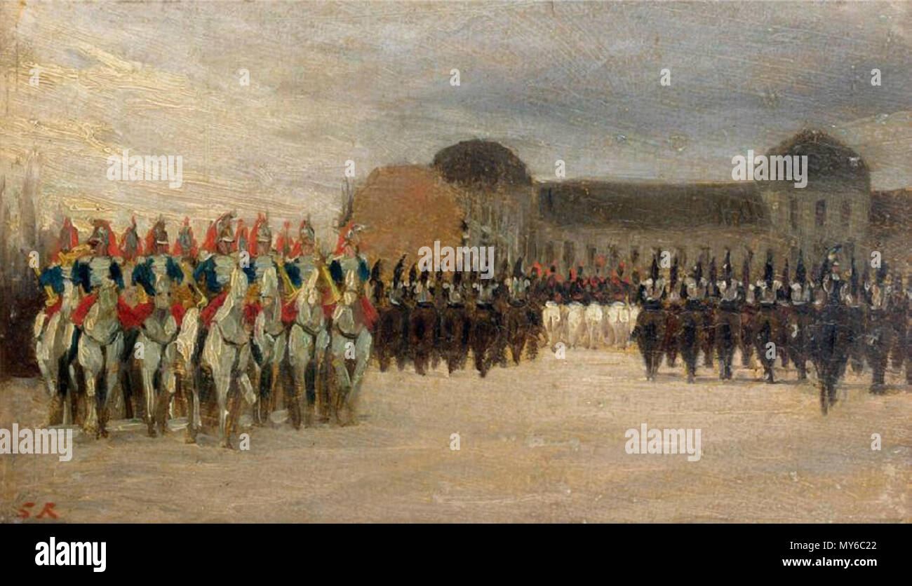 . Français : Revue devant l'École Militaire, huile sur carton, monogramme en bas à gauche, 18,5 x 30,5 cm. Inglese: Revisione presso la Scuola Militare, olio su tavola, monogramma in basso a sinistra, 18,5 x 30,5 cm. prima del 1876. Guillaume Régamey (1837-1875), 222 Guillaume Regamey Revue Foto Stock