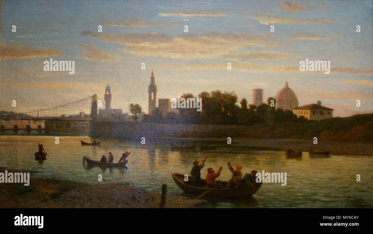 424 pittore ottocentesco, veduta dell'arno col vecchio Ponte San Niccolò Foto Stock