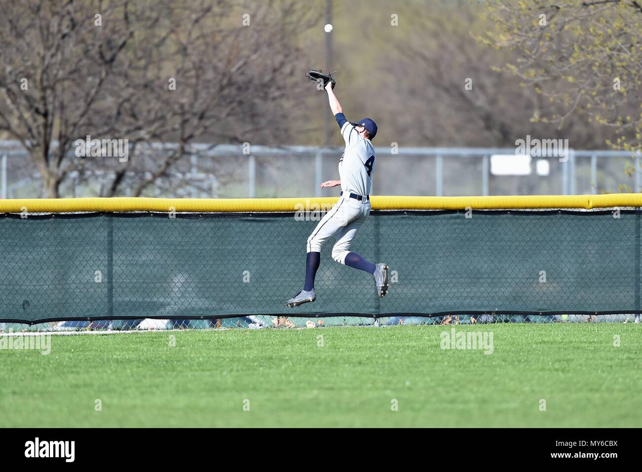 Center fielder facendo un salto lo sforzo per un drive che sfuggito il suo afferrare e cadde per una tripla. Stati Uniti d'America. Foto Stock