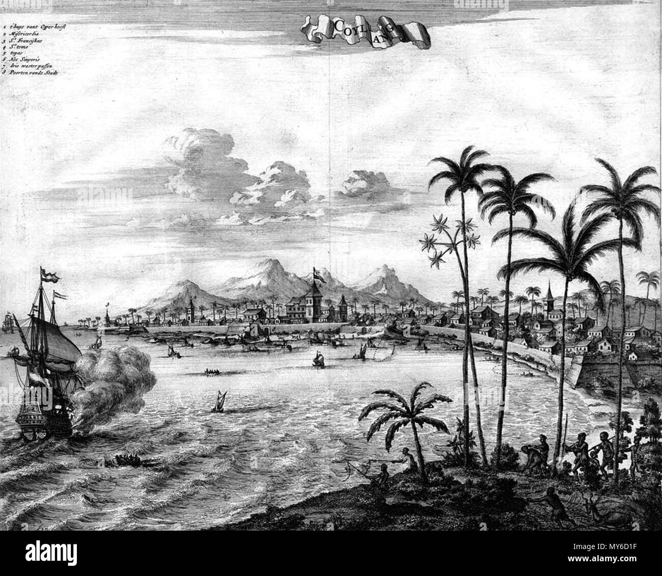 . Inglese: Quilon da Johan Nieuhof da Gedenkweerdige Brasiliaense Zee- en Lant-Reise und Zee- en porta Lant-Reize verscheide Gewesten van Oostindien. Amsterdam: de Weduwe van Jacob van Meurs, 1682. Il 19 marzo 2012. Johan Nieuhof 443 Quilon da Johan Nieuhof Foto Stock