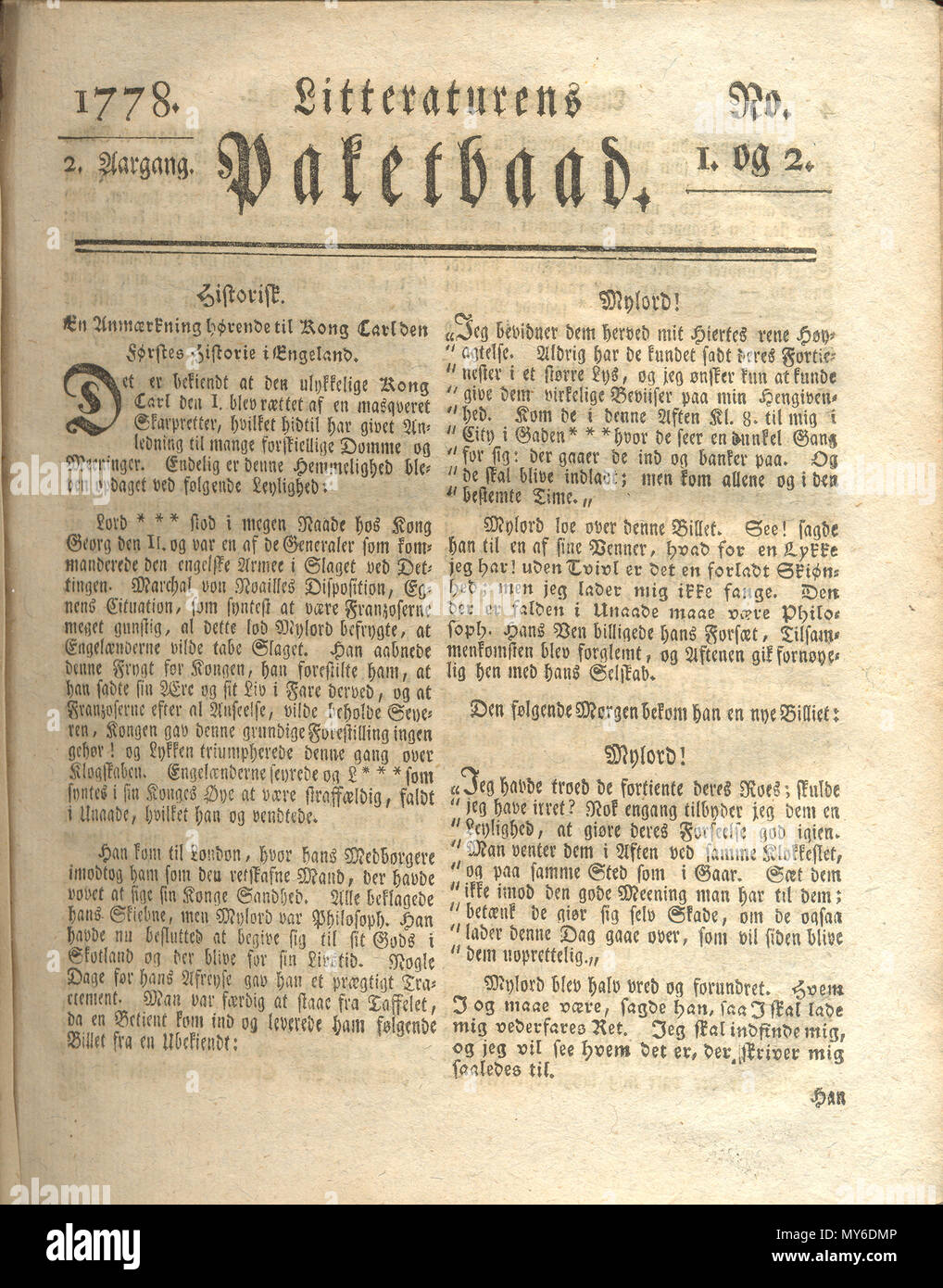 . Dansk: Titelbladet til nr 1-2 af tidsskriftet Litteraturens Paketbaad fra 1778, udgivet af Emanuel divertendo (1733-1795). Il 23 aprile 2012. Emanuel divertendo (1733-1795) 326 Litteraturens paketbaad 1778 nr 1 og 2 Foto Stock