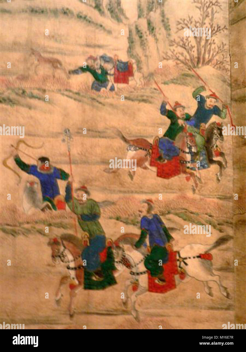 . Dettaglio da "Caccia Parte", un XIX secolo Corea 8 del pannello di schermo di seta raffiguranti cavalieri mancesi caccia. Xix secolo. Sconosciuto 249 La Caccia Parte7 Foto Stock