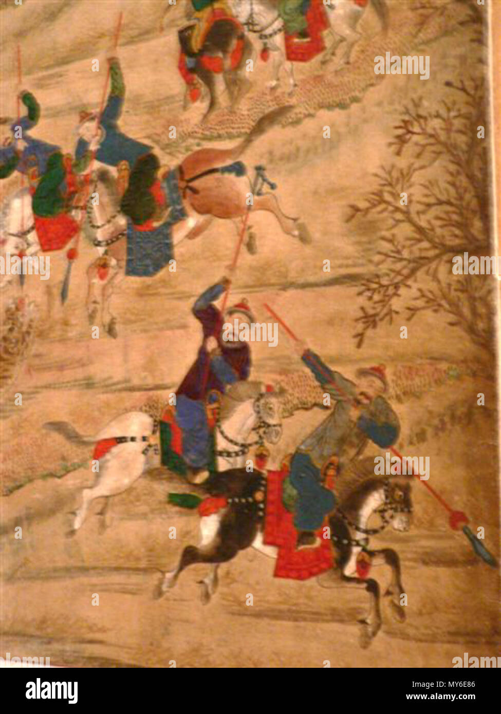 . Dettaglio da "Caccia Parte", un XIX secolo Corea 8 del pannello di schermo di seta raffiguranti cavalieri mancesi caccia. Xix secolo. Sconosciuto 249 La Caccia Parte8 Foto Stock