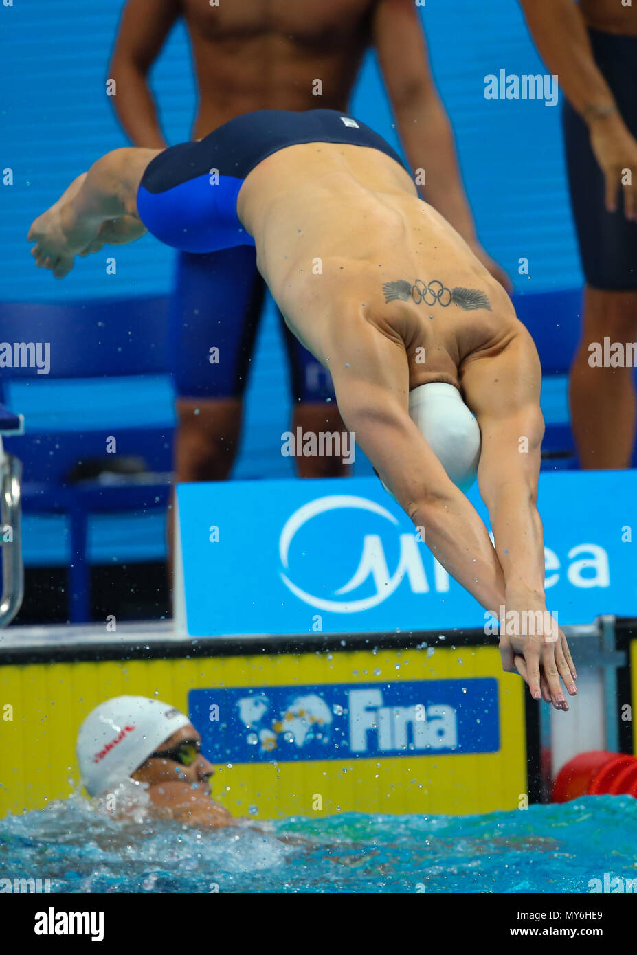 BUDAPEST, Ungheria - 23 Luglio: Myles Brown del Sud Africa nella mens 4x100m freestyle durante il giorno 10 dei Campionati del Mondo di nuoto FINA A Duna Arena sulla luglio 23, 2017 a Budapest, Ungheria. (Foto di Roger Sedres/ImageSA/Gallo immagini) Foto Stock