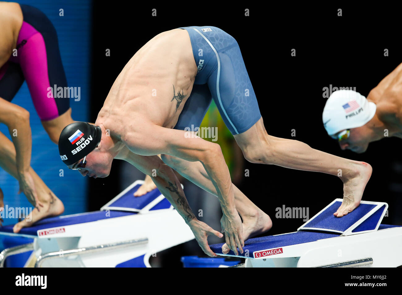 BUDAPEST, Ungheria - 23 Luglio: Evgeny Sedov della Russia nelle manche del mens 50m butterfly durante il giorno 10 dei Campionati del Mondo di nuoto FINA A Duna Arena sulla luglio 23, 2017 a Budapest, Ungheria. (Foto di Roger Sedres/ImageSA/Gallo immagini) Foto Stock