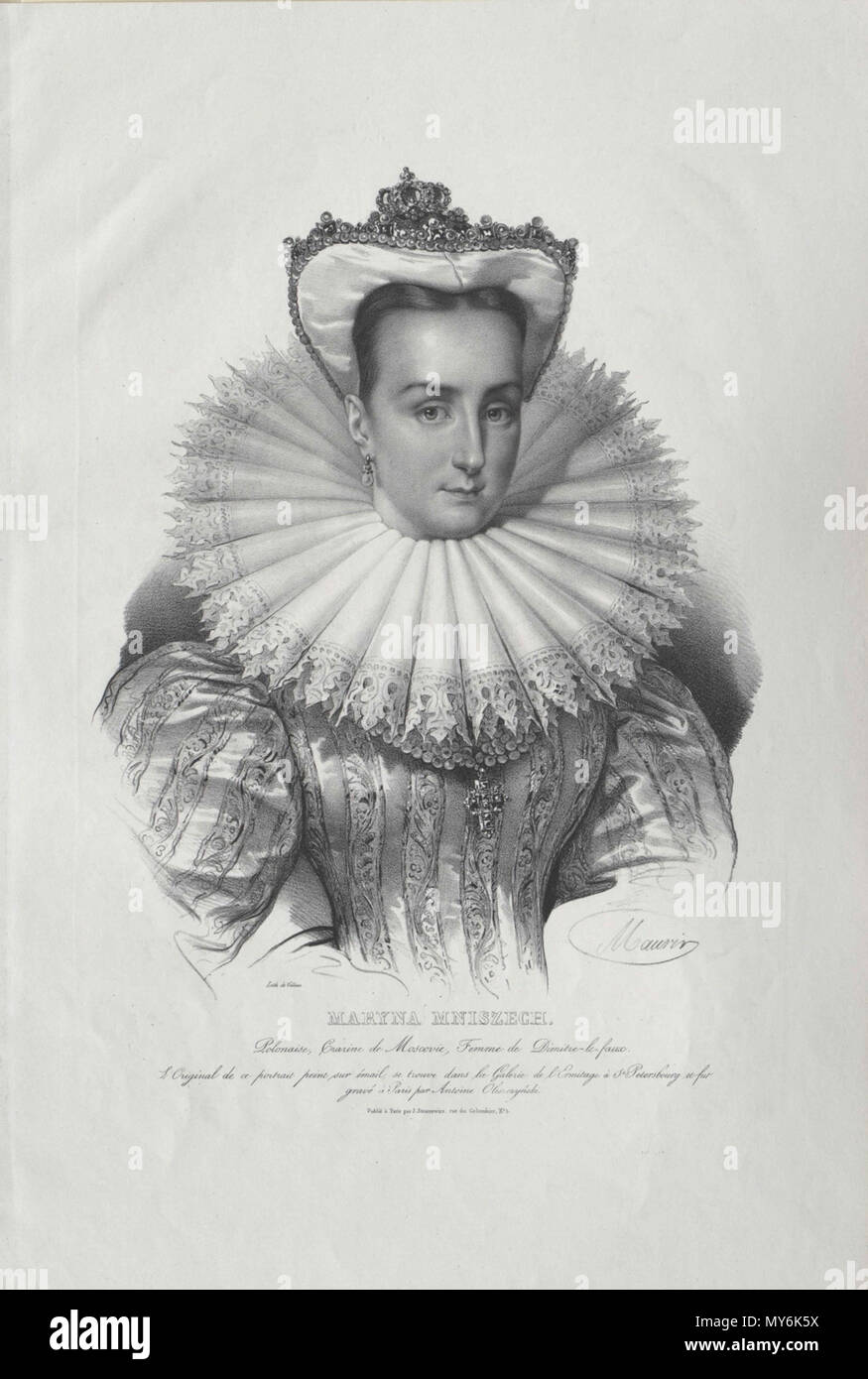 . Portrait de Marine Mniszech (c. 1588-1614/5). Raro lithographie de Jean-François Villain d'après le dessin de Maurin inspiré de la gravure originale d'Antoine Olesczynski (1794-1879), milieu du XIXe siècle. 49 x 34 cm. Марина Мнишек (ок. 1588-1614/5). Редкая литография. Maurin, по оригиналу А. Olesczynski (1794- 1879), середина XIX в. Марина Мнишек, супруга Лжедмитрия I, коронована в Москве 8 мая 1606 г . Xix secolo. lithographie de Jean-François Villain d'après le dessin de Maurin inspiré de la gravure originale d'Antoine Olesczynski (1794-1879) 348 Marina-Mniszech-Russia Foto Stock