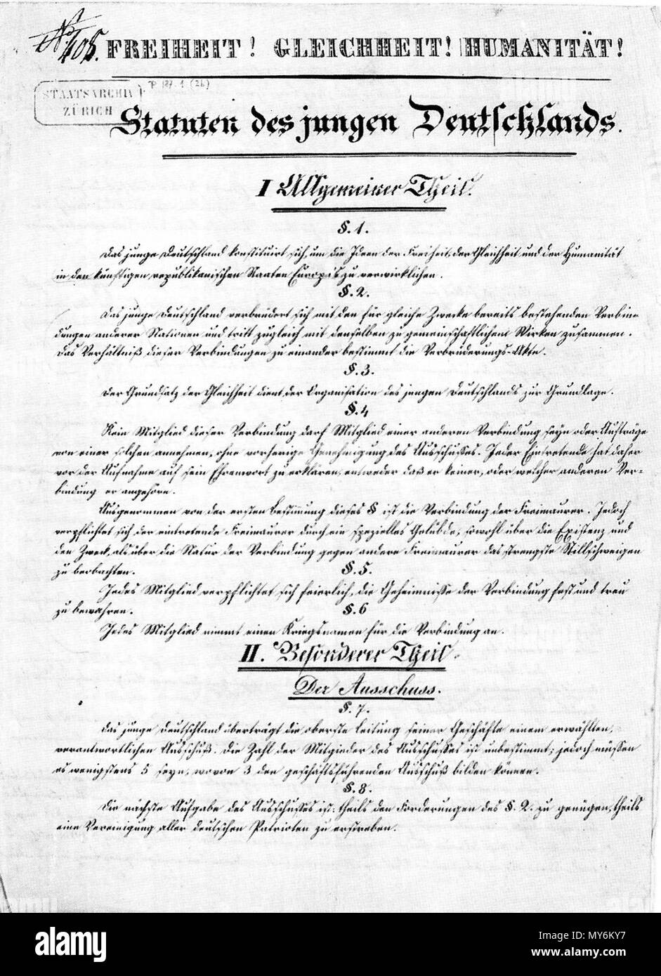 . Deutsch: 'Freyheit! Gleichheit! Humanität! Statuten des Jungen Deutschland" ca. 1834. 18 ottobre 2014, 17:18:07. 74 sconosciuto Bilderrevolution0452 Foto Stock