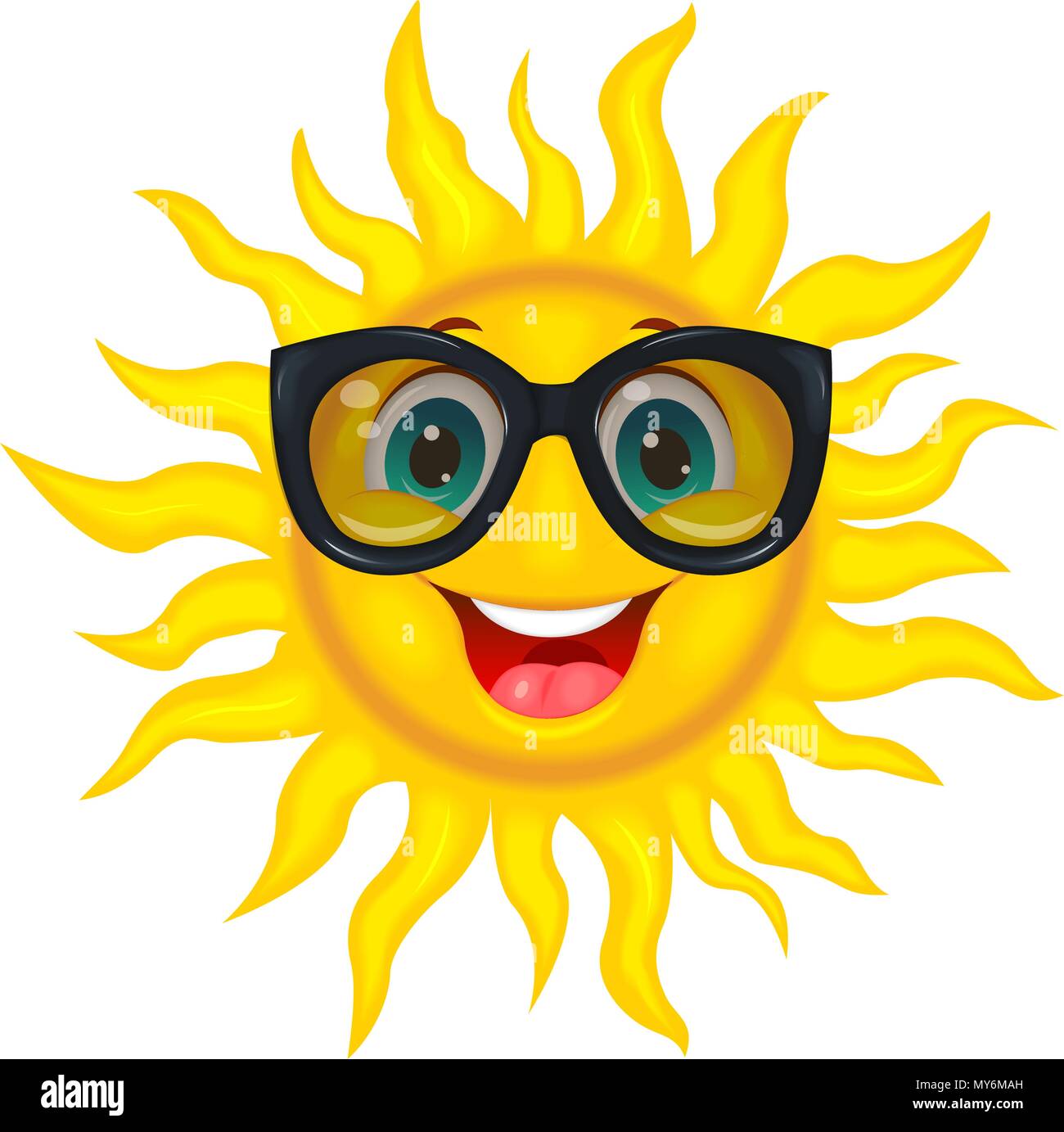 Un allegro cartoon sun in occhiali di protezione dal sole. Un allegro cartoon sun su uno sfondo bianco. Illustrazione Vettoriale