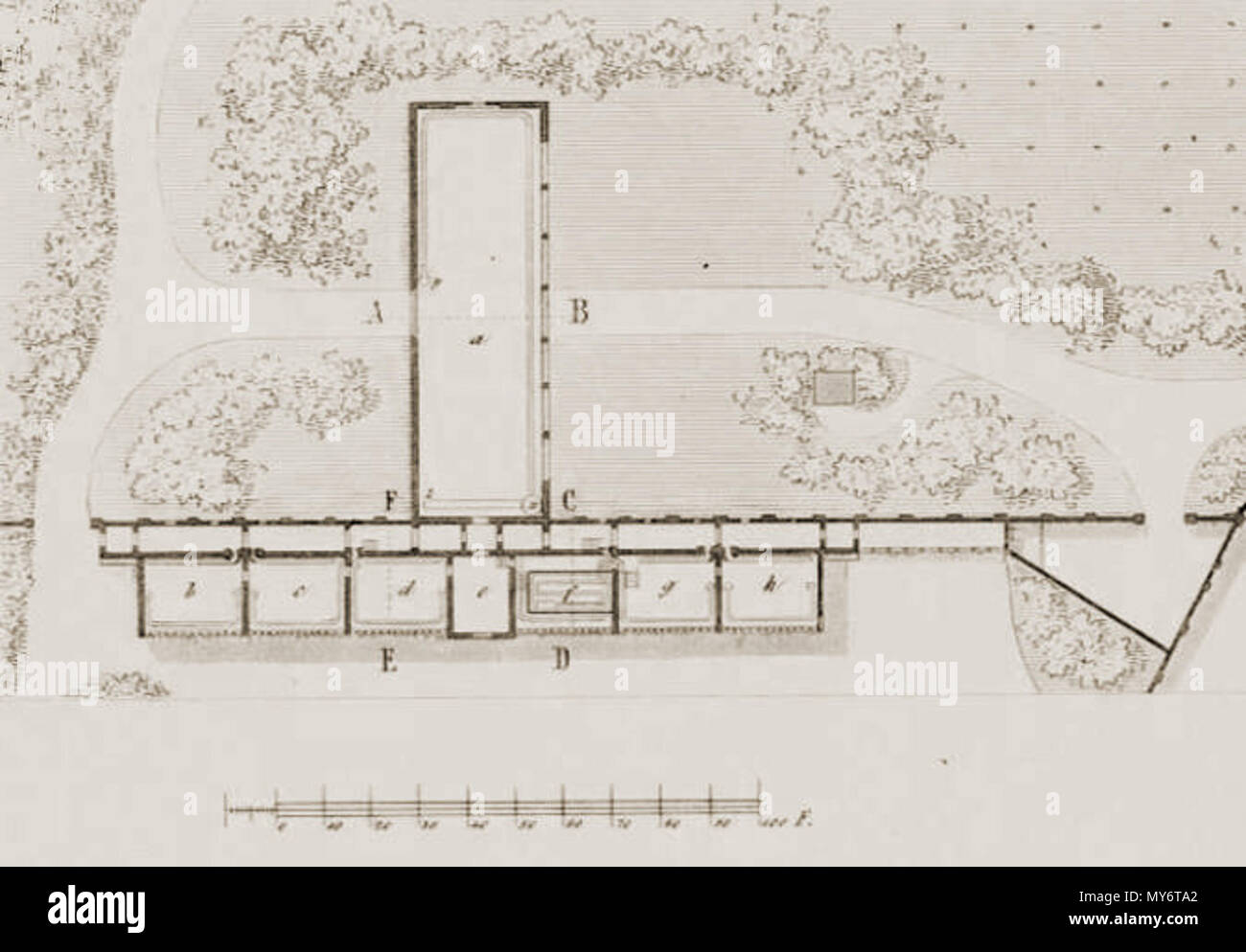 . Deutsch: Grundriss der Orangerie in Glienicke, Veröffentlichung von Persius 1842 . 9 maggio 2013, 13:10:51. Ludwig Persius 214 Glienicke Orangerie Grundriss Foto Stock