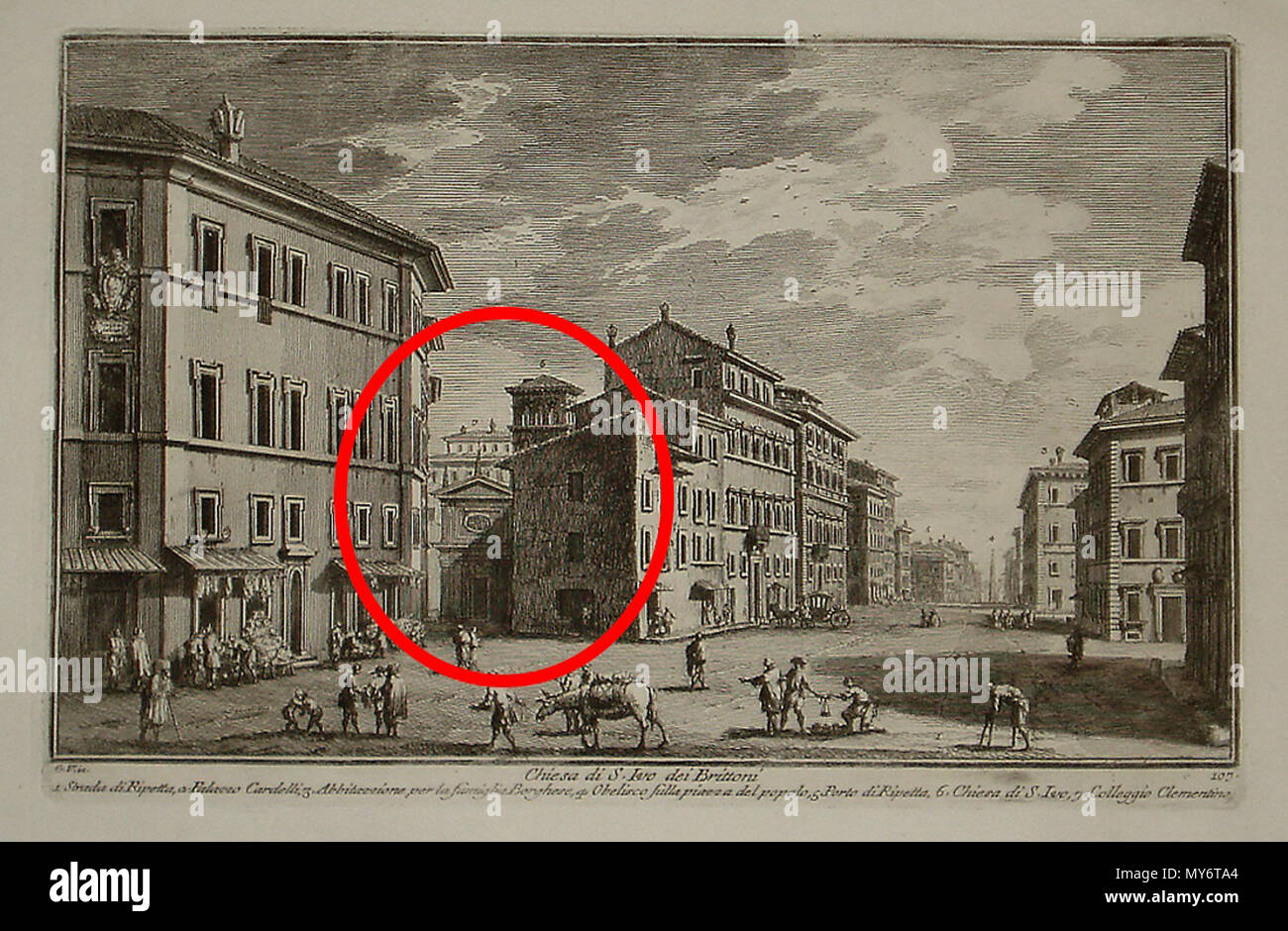 . Français : L'ancienne église Saint-Yves des bretoni de Roma (Sant'Ivo dei Bretoni), avant sa distruzione puis sa ricostruzione au XIX° Siècle. Giuseppe Vasi (1710-1782). L'église est marquée par onu cercle rouge. 9 maggio 2013, 15:22:42. Giuseppe Vasi (1710-1782) 546 Vasi  Sant'Ivo dei Bretoni Foto Stock