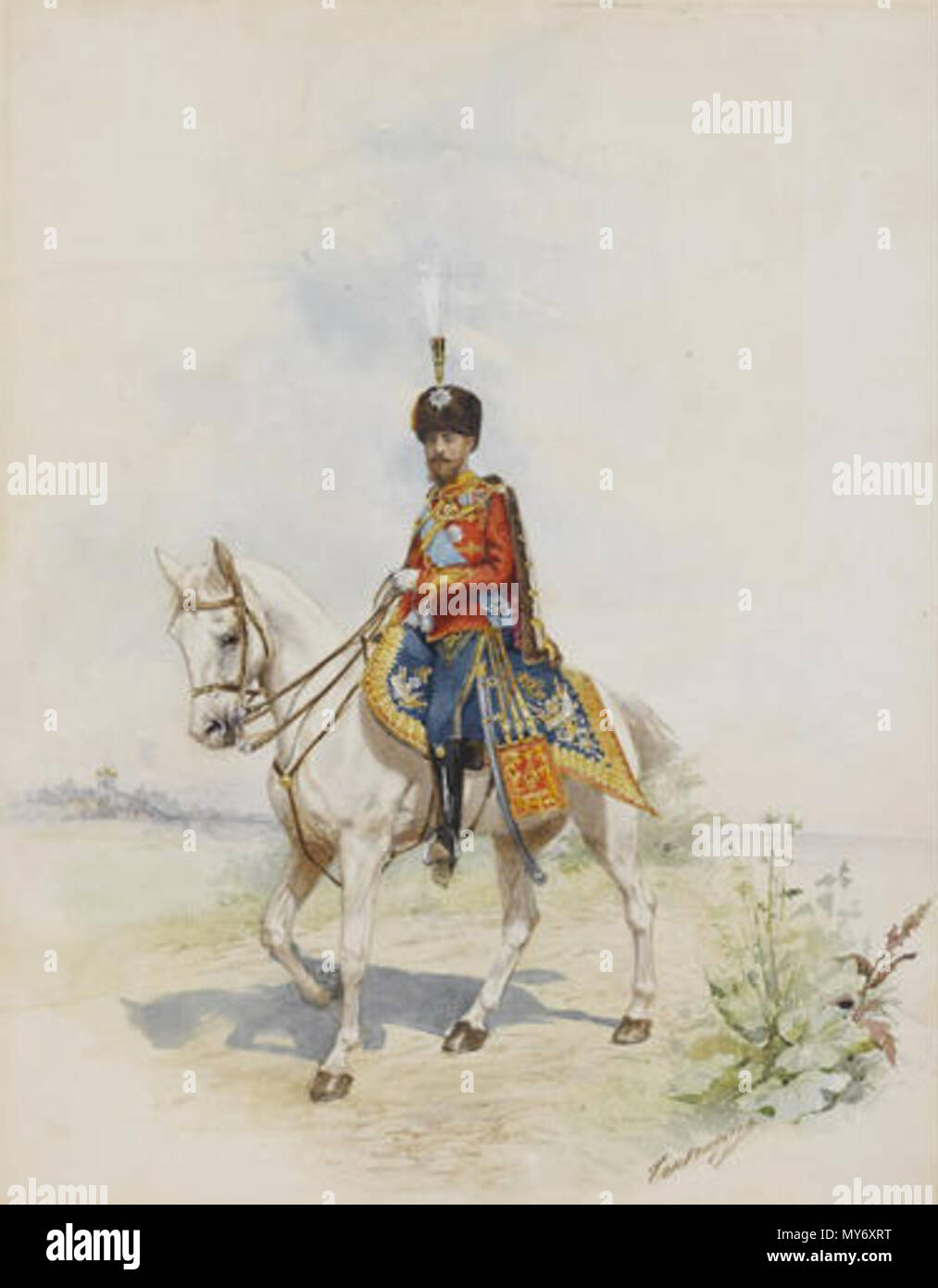 . Dmitri Alexandrovich Benkendorff, b.1845 Un Ritratto equestre del Granduca Nicholas Nicholaevich nell'uniforme di un ufficiale di Sua Maestà la ussari 36,5 x 28,5 cm. (14 ¼ x 11 ¼ poll.) . Xix secolo. Dmitri Alexandrovich Benkendorff, (1845 - возможно 1917) 386 Nicholas Nicholaevich da D.A.Benkendorff (priv. coll.) Foto Stock