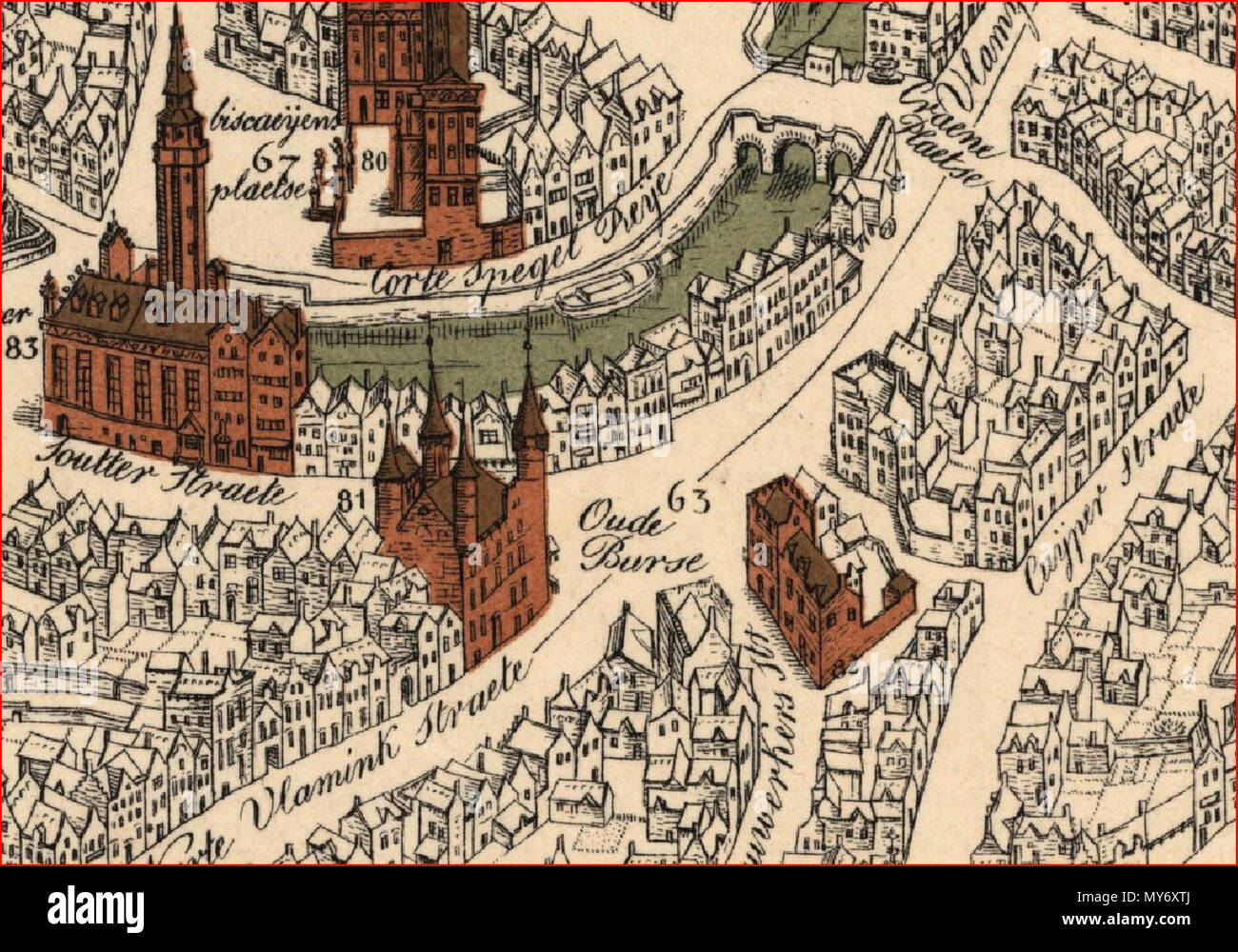 . Inglese: "Oude Burse' piazza di Bruges. Dettagli dalla mappa della città incisione di Marcus Gerards (1562). Strada nomi aggiunti alla mappa nel 1751 e 1762. Il nord è orientata all'angolo inferiore sinistro. 2 marzo 2014, 13:50:16. Marcus Gerards 402 Oude Burse (1562) Foto Stock
