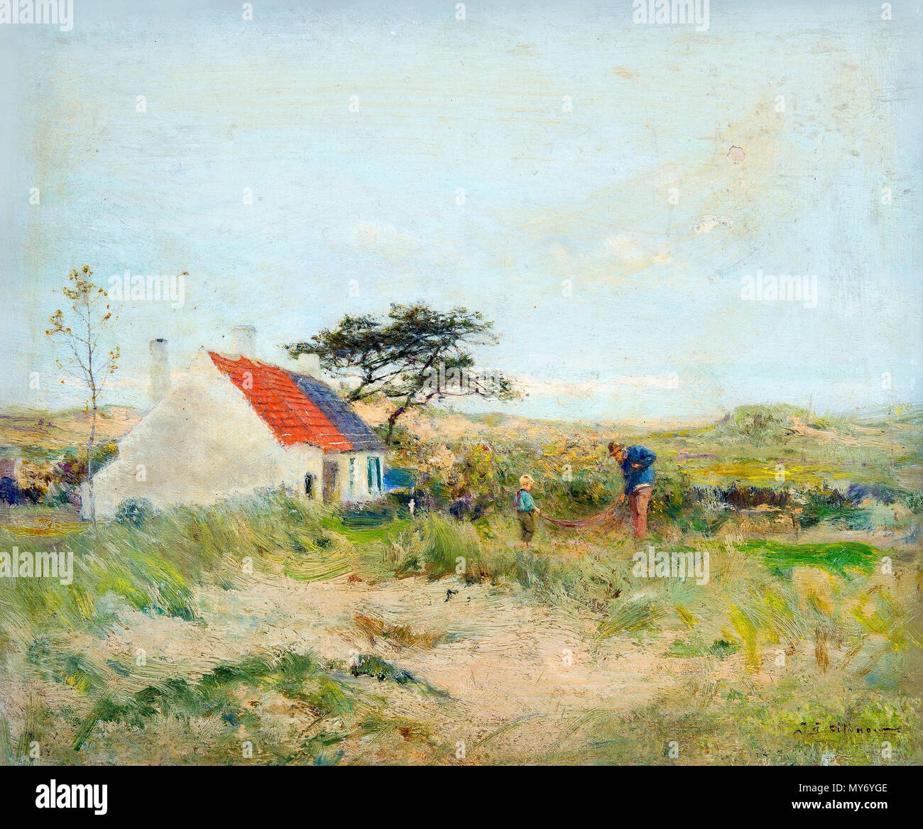 . Inglese: Ivan Pavlovich Pokhitonov: la casa di pesca in dune. Segno. Agosto 1904. Olio su tavola 16x18,5 cm. Русский: Иван Павлович Похитонов 'РЫБАЧИЙ ДОМИК В ДЮНАХ'. Подпись и дата: Август 1904. Дерево, масло. 16х18,5 см. Agosto 1904. Ivan Pavlovich Pokhitonov / Иван Павлович Похитонов 427 Pohitonov la casa di pesca di dune Foto Stock