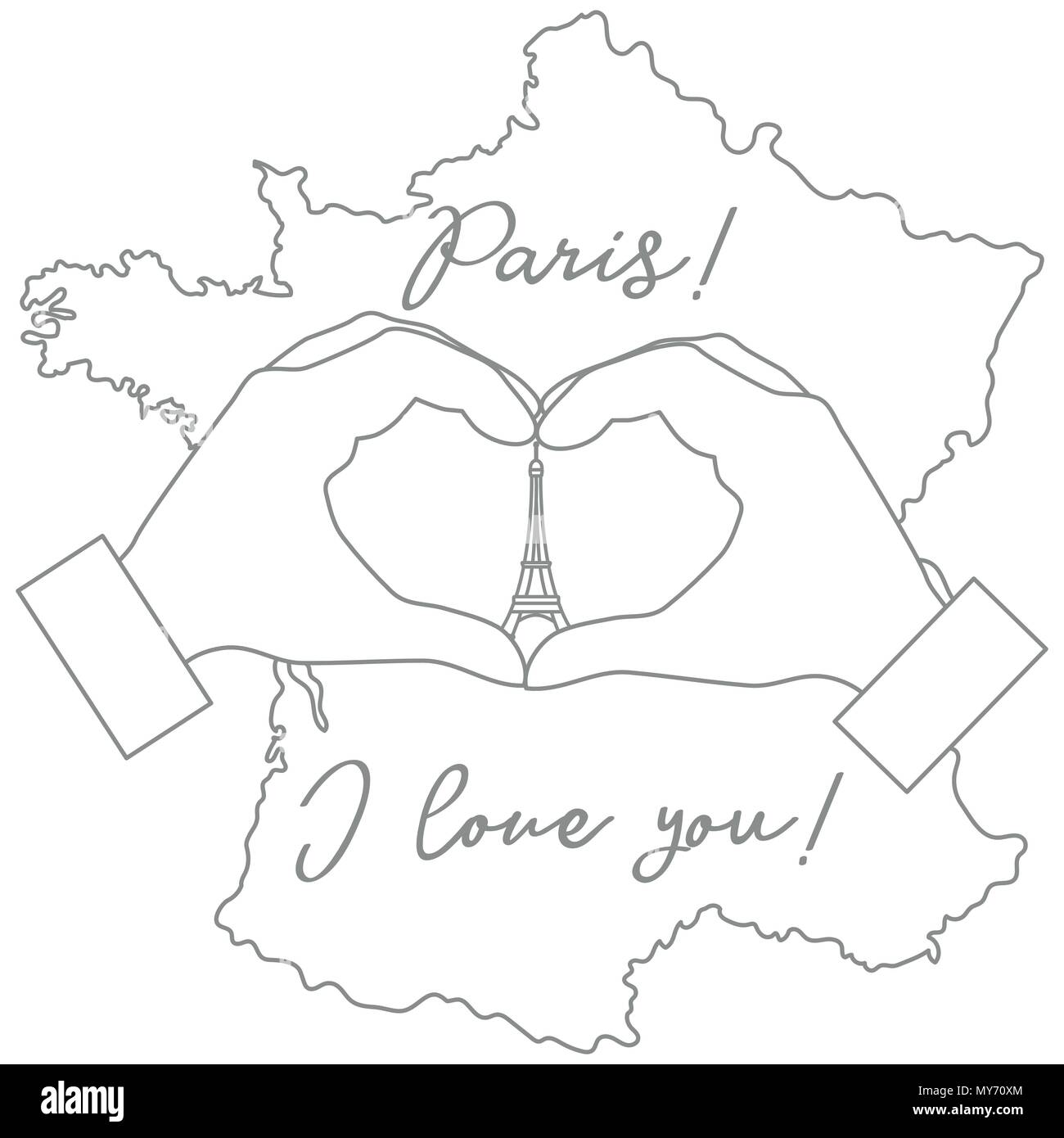 Effettuare a mano a forma di cuore. Torre, simbolo di Parigi. L'iscrizione Parigi ti amo. Viaggi e tempo libero. Illustrazione Vettoriale