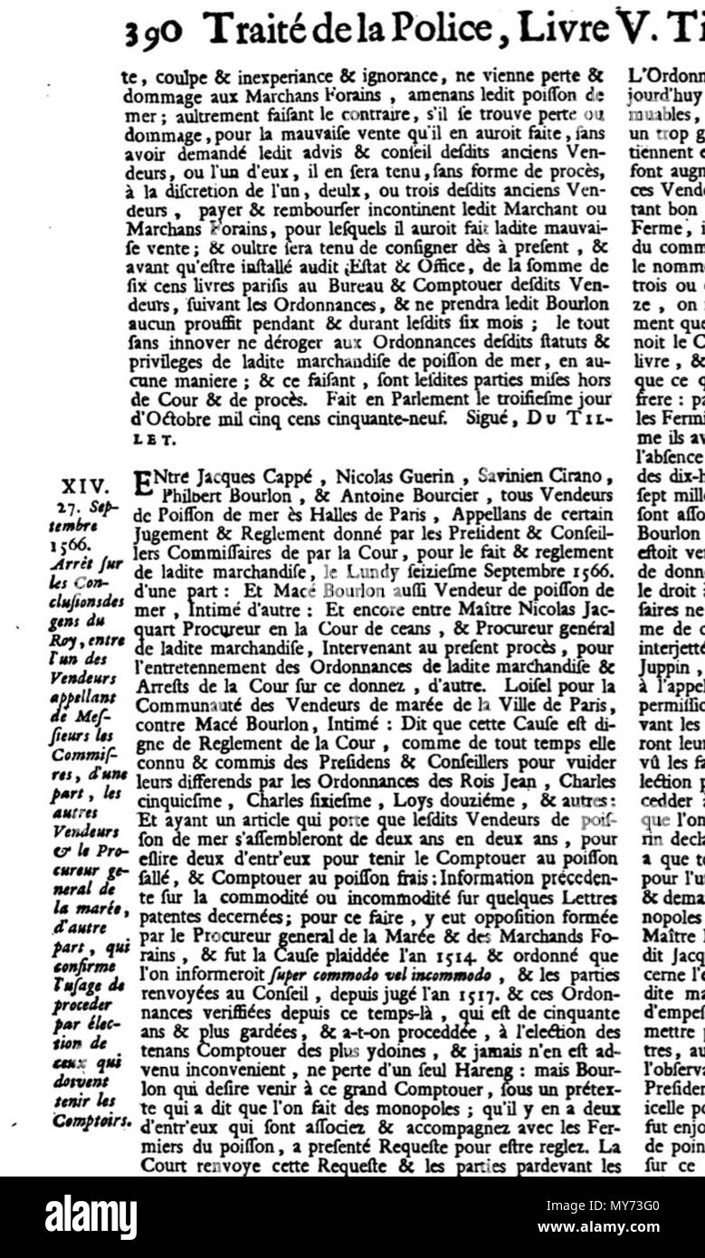 TraitÃ© de la polizia, oÃ¹ l'on trouvera l'histoire de son Ã©tablissement, les funzioni a et les prerogative de ses magistrats, toutes les loix et tous les rÃ¨glemens qui concernent la. Su y un giunto une descrizione historique et topographique de Paris 387 Nicolas Delamare-Traité de la polizia, 1729, lII Foto Stock