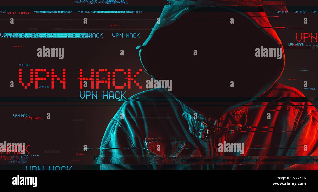 Rete privata virtuale VPN concetto hack con volto incappucciato persona maschile, chiave di basso di rosso e di blu accesa e immagine digitale effetti spuri Foto Stock