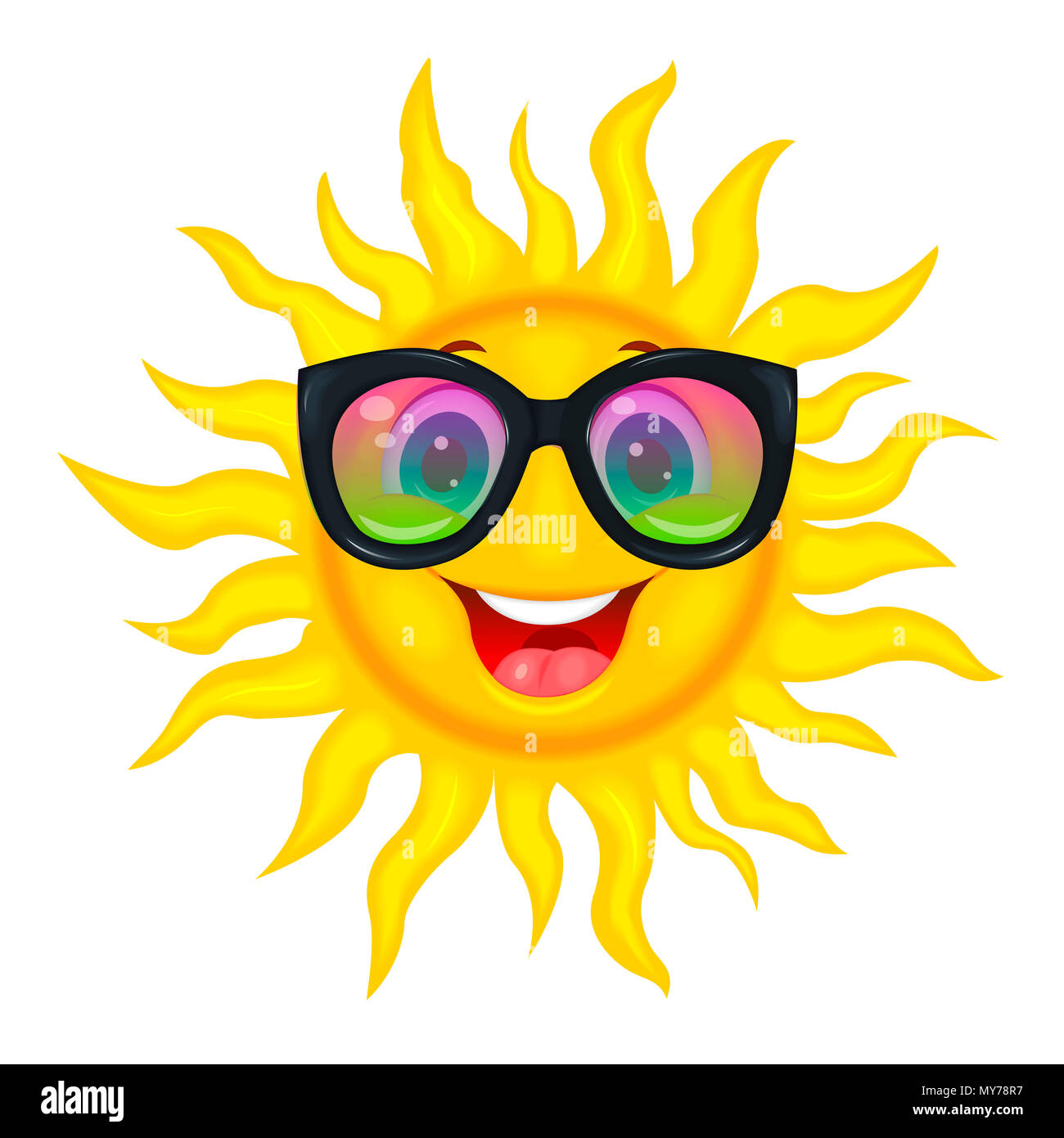 Un allegro cartoon sun in occhiali di protezione dal sole. Un allegro cartoon sun su uno sfondo bianco. Foto Stock