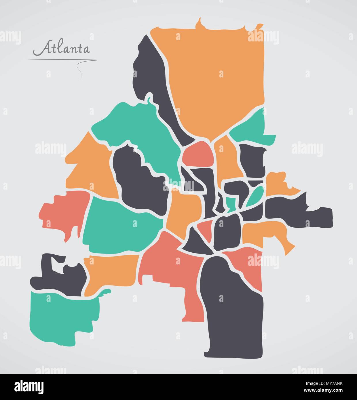 Atlanta in Georgia mappa con i quartieri e di moderne forme rotonde Illustrazione Vettoriale