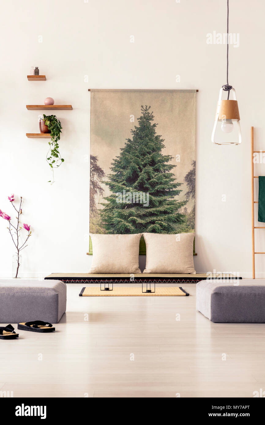 Elegante salone interno con un grande poster sulla parete grigia, ottomani, futon, guanciali e lampada Foto Stock