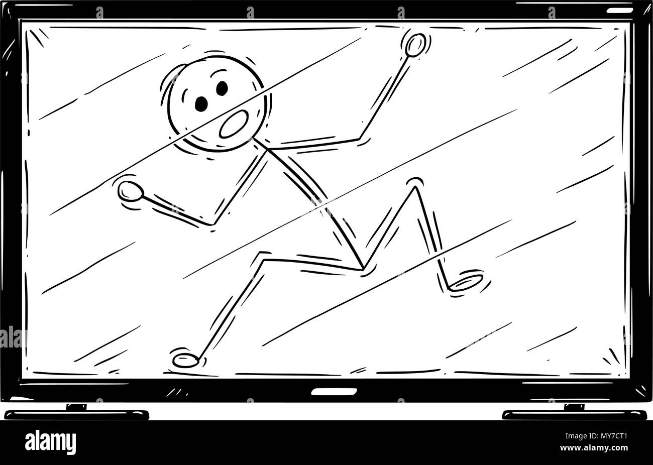 Cartoon di uomo intrappolato dentro la televisione o il televisore Illustrazione Vettoriale