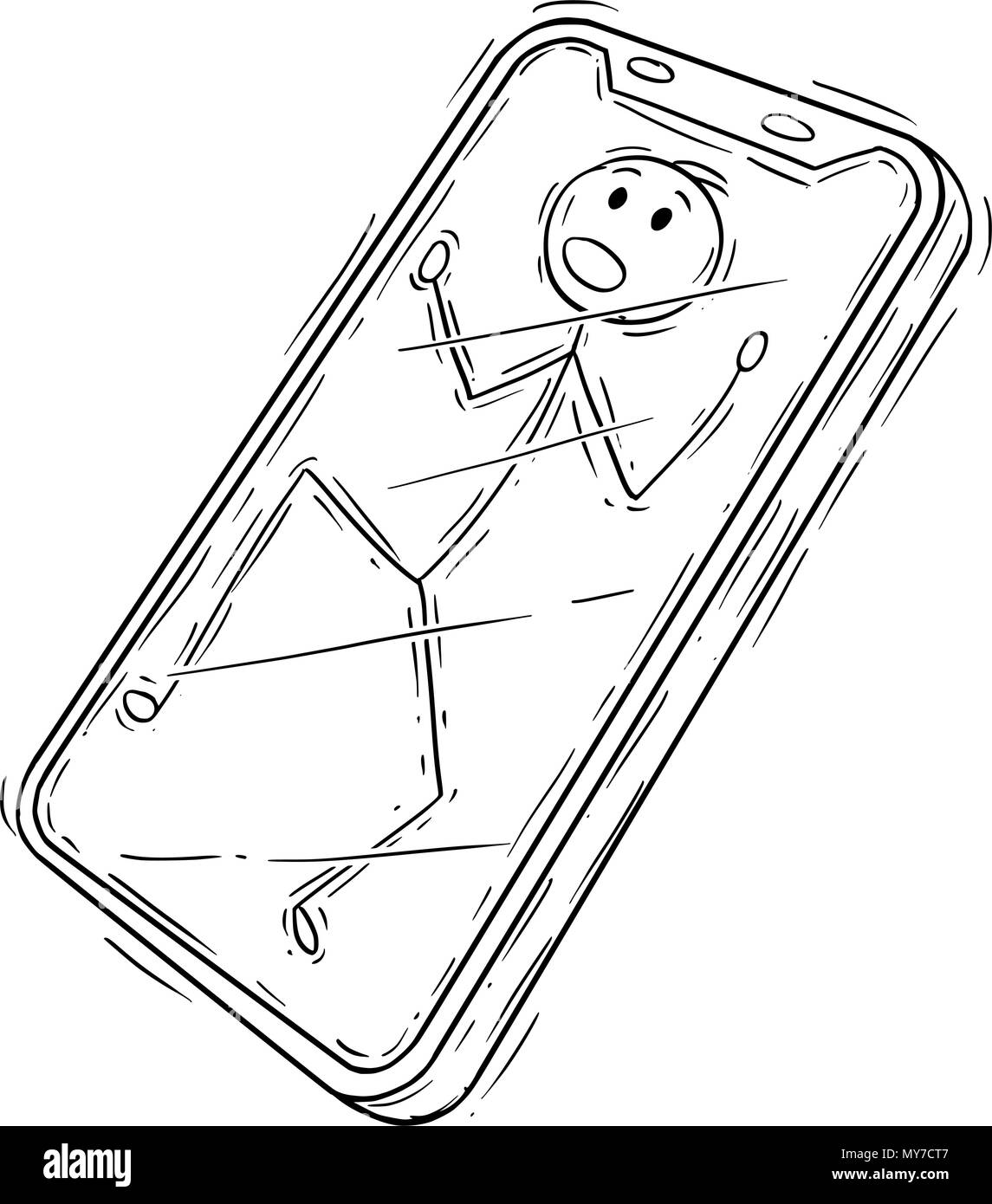 Cartoon di uomo o imprenditore intrappolato all'interno del telefono cellulare o lo schermo Illustrazione Vettoriale