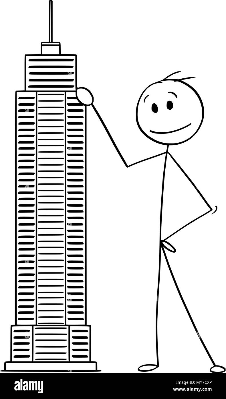 Cartoon di uomo o imprenditore in piedi con il grattacielo modello di edificio Illustrazione Vettoriale
