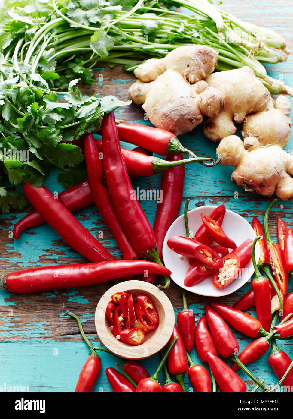 Il peperoncino, il coriandolo, lo zenzero Foto Stock