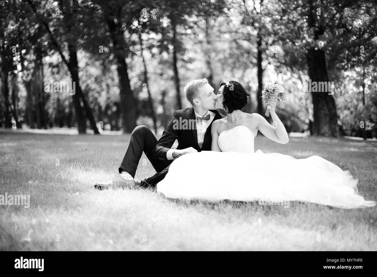 Ritratto di felice lo sposo e la sposa seduta nel prato Foto Stock