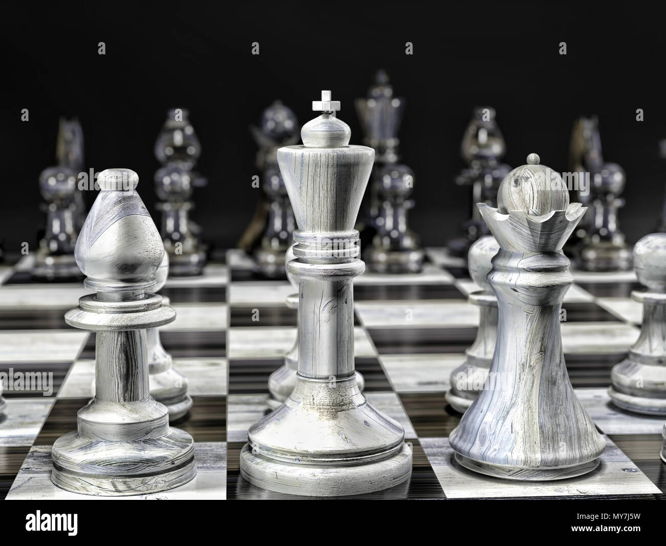 3D render di set di legno del bianco e del nero di pezzi di scacchi sulla scacchiera con sfondo nero Foto Stock