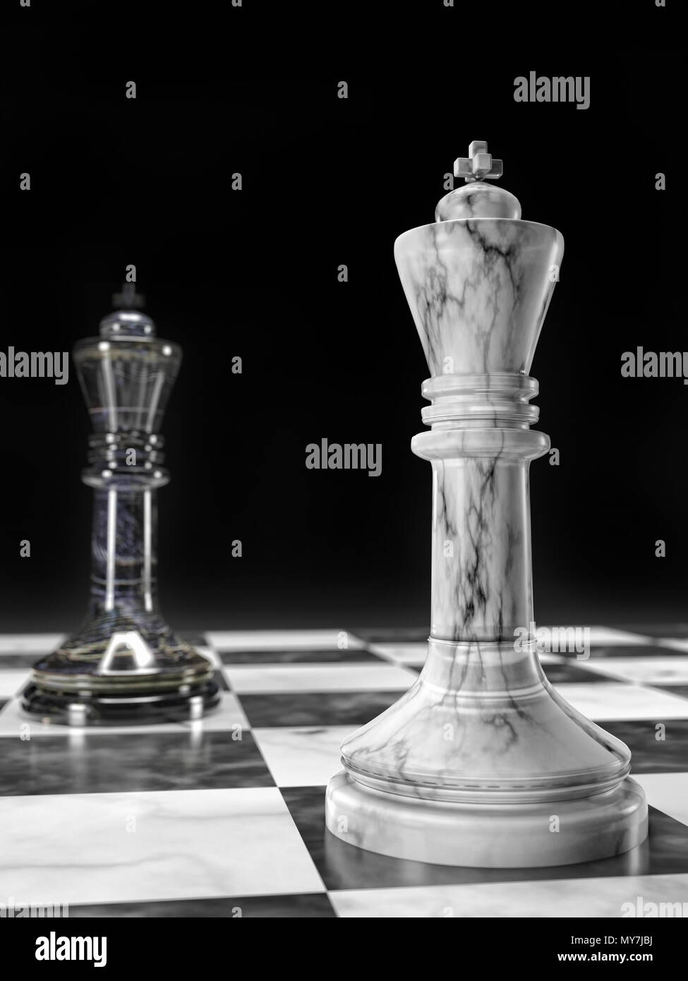 3D render di marmo bianco e nero a scacchi Kings permanente sulla scacchiera di fronte a ogni altro su sfondo nero Foto Stock